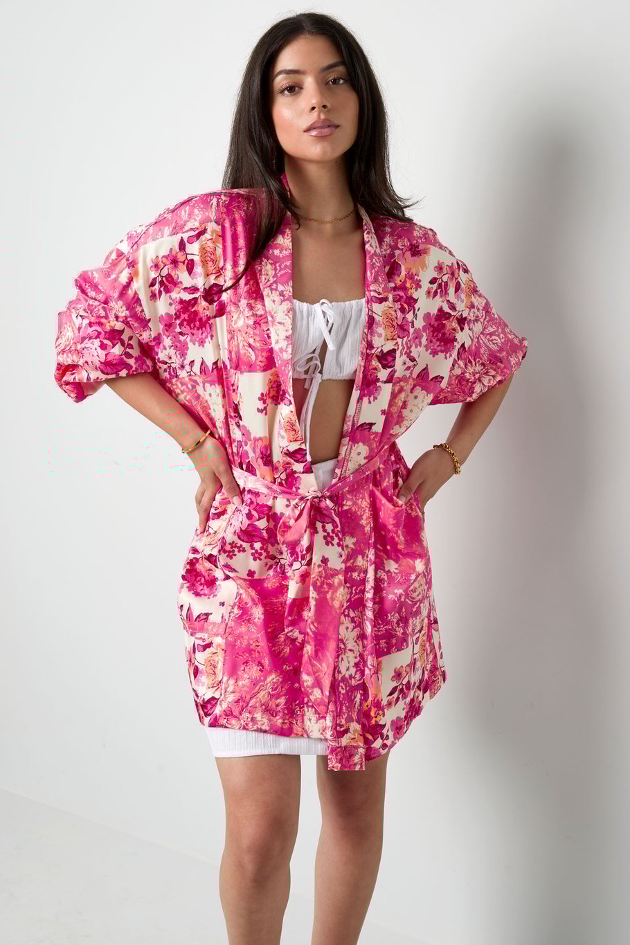 Kimono court vert fleurs - multi h5Image3